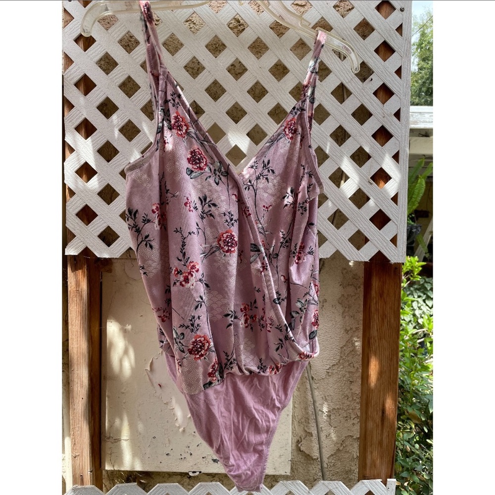 Pink velvet floral body suit